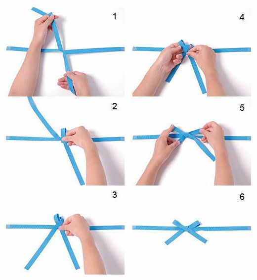 蝴蝶结的系法图解:第一步: 先将两条带子交叉第二步:上面的带子绕过
