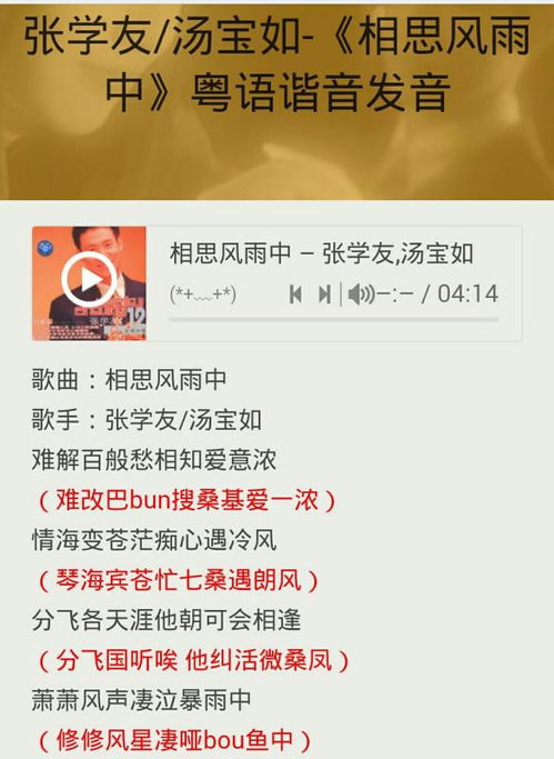 相思风雨中歌词粤语谐音相思风雨中歌词粤语谐音发音
