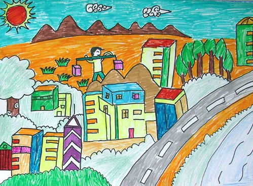 儿童画我的家乡一年级图片