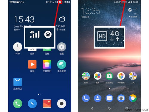 手机屏幕右上角出现hd,说明开启了中国移动volte高清语音业务.
