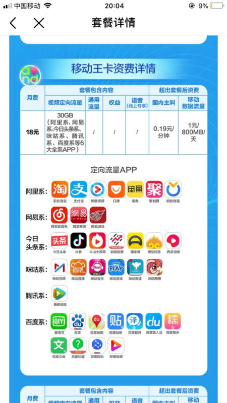 移动王卡19元套餐定向流量范围